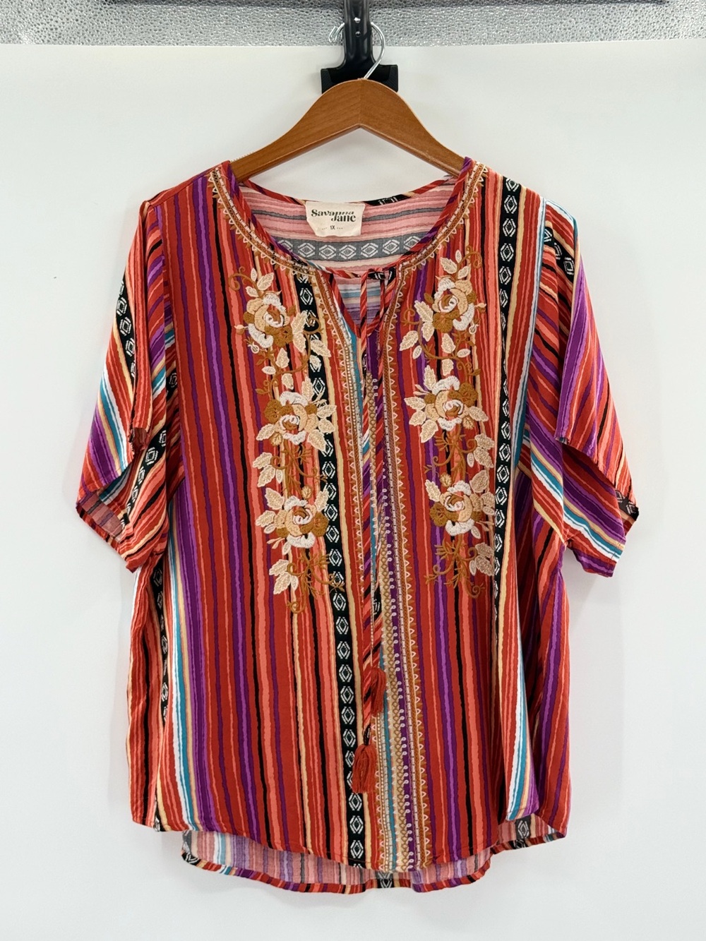 Savanna Jane 1X Embroidered Boho Peasant Top Tassel Tie Striped Floral - Picture 4 of 14